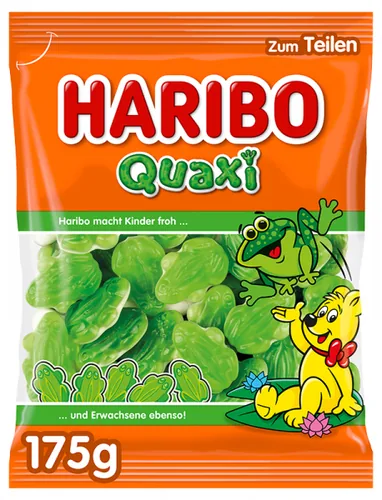Haribo Gummibonbons Frösche Quaxi 175 g - Produkttyp: Gummibonbons - Nährwertangabe pro: 100 g - Energiegehalt (in kj): 1466 KJ - Energiegehalt (in kcal): 345 Kcal - Fett: 0.5 g - Gesättigte Fettsäuren: 0.1 g
