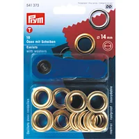 Prym Ösen + Scheiben 14 mm, Gold, 10 Stück - Verpackungseinheit: 10 Stück - Detailfarbe: Gold - Produkttyp: Ösen