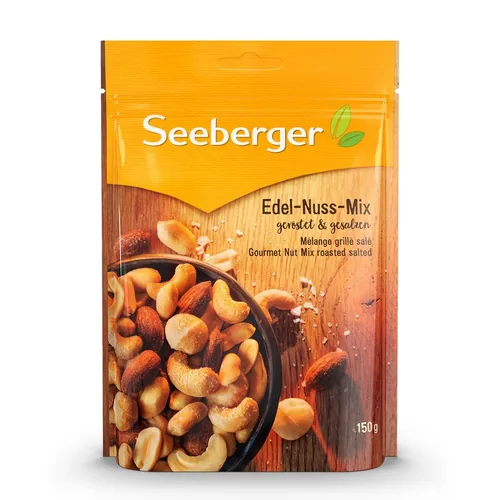 Seeberger Beutel Edelnussmix geröstet & gesalzen 150 g - Produkttyp: Mischungen - Nährwertangabe pro: 100 g - Energiegehalt (in kj): 2671 KJ - Energiegehalt (in kcal): 645 Kcal - Fett: 54 g - Gesättigte Fettsäuren: 8.7 g