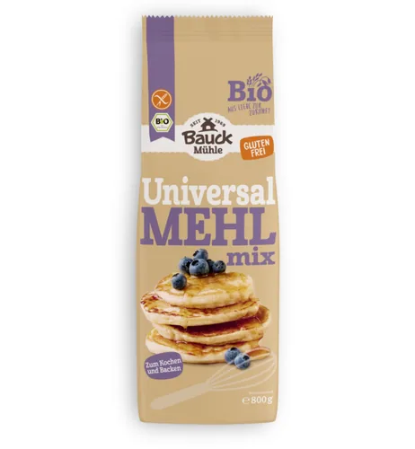 Bauck Mühle Mehlmix Universal 800 g - Nährwertangabe pro: 100 g - Energiegehalt (in kj): 1466 KJ - Energiegehalt (in kcal): 345 Kcal - Fett: 0.5 g - Produkttyp: Pancakes - Davon gesättigte Fettsäuren: 0.1 g
