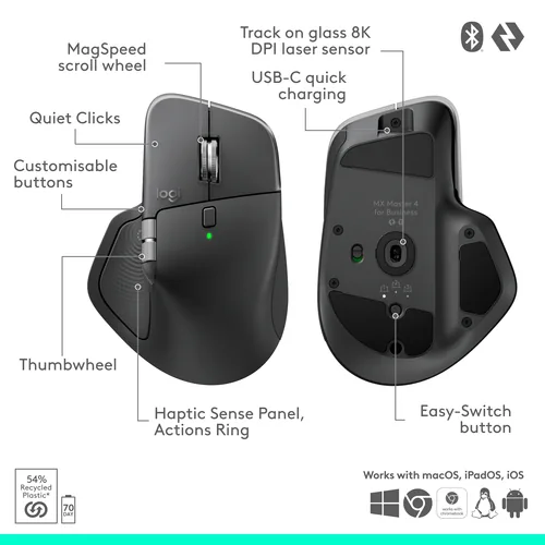 Logitech Maus MX Master 4 for Business - Maus-Typ: Business - Bedienungsseite: Rechtshänder - Maus Features: Logi Bolt-Empfänger - Detailfarbe: Graphit - Schnittstelle: Bluetooth - Verbindungsart: Kabellos
