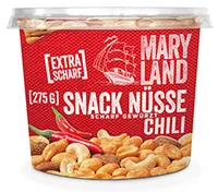 Maryland Snack Nüsse Chili 275 g - Produkttyp: Mischungen - Nährwertangabe pro: 100 g - Energiegehalt (in kj): 2495 KJ - Energiegehalt (in kcal): 602 Kcal - Fett: 48 g - Gesättigte Fettsäuren: 7 g