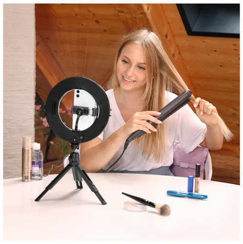Hama Ringlicht SpotLight Smart 80 II - Farbtemperatur Kelvin: 5500 K - 2100 K - 3000 K - Lichtfarbe: Tageslichtweiss (Kaltweiss) - Neutralweiss - Warmweiss - Leuchtenfarbe: Schwarz