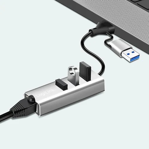 Logilink USB 3.2 Gen 1 HUB, 3x USB-A, 1x RJ45, silber