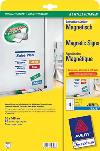 Avery Zweckform Magnet-Schilder 50 x 140 mm, 5 Blatt - Klebehaftung: Keine - Drucker Kompatibilität: Inkjet - Anzahl Blatt: 5 × - Papierformat: A4 - Anzahl Etiketten: 40 - Etikettengrösse: 50 x 140 mm