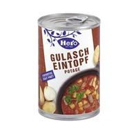 Hero Gulascheintopf 420 g - Produkttyp: Fleisch - Nährwertangabe pro: 100 g - Energiegehalt (in kj): 248 KJ - Energiegehalt (in kcal): 59 Kcal - Fett: 2.2 g - Gesättigte Fettsäuren: 0.4 g