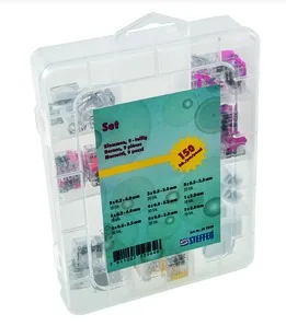 STEFFEN Steckklemme 9-teilig, 150 Stück - Verwendung Klemmen: Drähte - Schutzklasse: IP20 - Verpackungseinheit: 150 Stück - Detailfarbe: Transparent - Grau - Eigenschaften Hausinstallation: Flammwidrig - Selbstlöschend - E-Nr.: 7611007125646