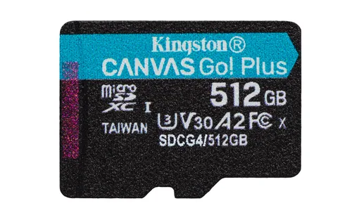 Kingston microSDXC-Karte Canvas Go! Plus 512 GB - Speicherkartentyp: microSDXC - Speicherkapazität: 512 GB - Geschwindigkeitsklasse: Class 10 - Schreibgeschwindigkeit max.: 160 MB/s