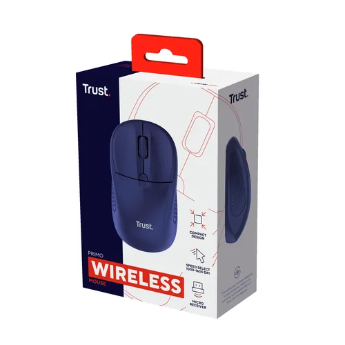 Trust Maus Primo - Maus-Typ: Standard - Bedienungsseite: Universal - Maus Features: Scrollrad - Umschaltbare DPI-Auflösung - Detailfarbe: Blau - Schnittstelle: USB-A - Verbindungsart: Kabellos