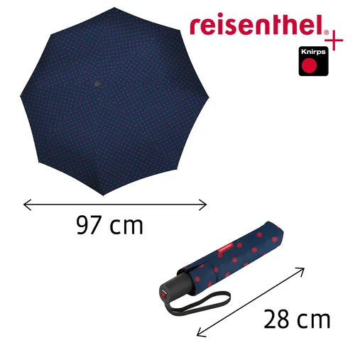 Reisenthel Knirps Schirm Pocket Duomatic Mixed Dots Red - Schirmtyp: Taschenschirm - Eigenschaften: Aus recyceltem Material - Zertifikate: amfori BSCI - Länge: 28 cm - Schirm-Eigenschaften: Auf-/ Zu-Automatik - Robust - Windfest - Farbe: Rot - Dunkelblau