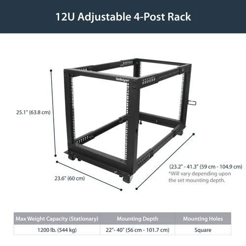 12U SERVER RACK - OPEN FRAME ADJUSTABLE DEPTH 4 POST RACK
