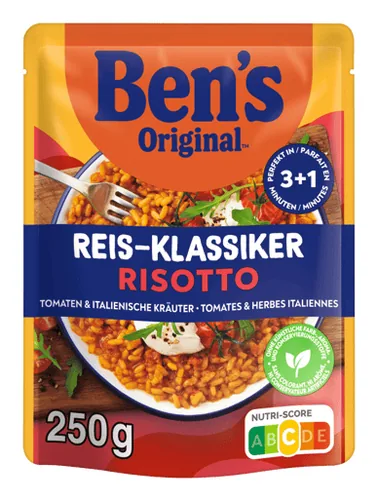 Ben's Original Fertiggericht Risotto Tomaten und italienische Kräuter 250 g - Produkttyp: Reisgerichte - Nährwertangabe pro: 100 g - Energiegehalt (in kj): 531 KJ - Energiegehalt (in kcal): 126 Kcal - Fett: 2.8 g - Gesättigte Fettsäuren: 0.9 g