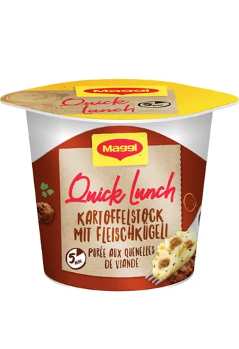 Maggi Quick Lunch Kartoffelstock mit Fleischkügeli 46 g - Produkttyp: Kartoffelgerichte - Nährwertangabe pro: 100 g - Energiegehalt (in kj): 1812 KJ - Energiegehalt (in kcal): 432 Kcal - Fett: 17 g - Gesättigte Fettsäuren: 9 g