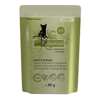 catz finefood Nassfutter No.05 Lachs & Geflügel, 85 g - Tierbedürfnis: Verdauung - Magen & Darm - Geschmacksrichtung: Fisch - Geflügel - Zertifikate: Keine Zertifizierung - Fleischsorte: Geflügel - Lachs - Packungsgrösse: 85 g - Futtereigenschaft: Getreid