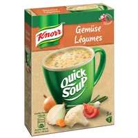 Knorr Quick Soup Gemüse 3 Portionen - Produkttyp: Instantsuppen - Nährwertangabe pro: 100 ml - Energiegehalt (in kj): 183 KJ - Energiegehalt (in kcal): 44 Kcal - Fett: 1.9 g - Gesättigte Fettsäuren: 1.2 g