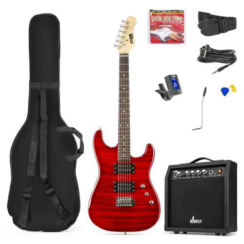 MAX E-Gitarre GigKit Quilted Style Rot - Gitarrenkoffer / Gigbag: Gigbag - Hals: Linde - Tonabnehmerbestückung: HH - Gitarrensteg: Tremolo - Leistung AMP: 0 W - Set: Ja