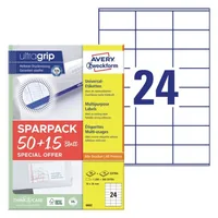 Avery Zweckform Universal-Etiketten 70 x 36 mm, 1560 Etiketten / 65 Bogen - Klebehaftung: Selbstklebend - Drucker Kompatibilität: Inkjet - Laser - Anzahl Blatt: 65 × - Papierformat: A4 - Anzahl Etiketten: 1560 - Etikettengrösse: 70 x 36 mm