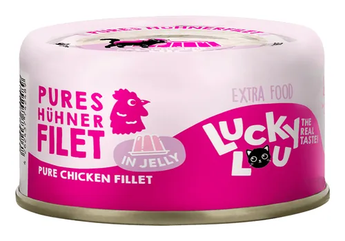 Lucky Lou Nassfutter Extra Food Hühnerfilet in Gelée, 70 g - Tierbedürfnis: Kein besonderes Bedürfnis - Geschmacksrichtung: Geflügel - Zertifikate: Keine Zertifizierung - Fleischsorte: Huhn - Packungsgrösse: 70 g - Futtereigenschaft: Getreidefrei - Ohne k