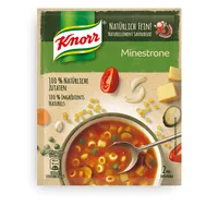 Knorr Minestrone 57 g - Produkttyp: Gemüse- & Pilzsuppe - Nährwertangabe pro: 100 g - Energiegehalt (in kj): 160 KJ - Energiegehalt (in kcal): 38 Kcal - Fett: 0.5 g - Gesättigte Fettsäuren: 0.1 g