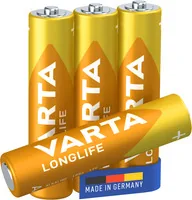 Varta Batterie Longlife AAA , 4 Stück - Gewicht: 11.3 g - Verpackungseinheit: 4 Stück - Chemisches System: Alkali Mangan - Batterietyp Bauform: LR03 / AAA / Micro / 4003 / 4103 / 4703 / 4903 / 8003 / 824 / LR03EE / AM4 / Size S / MN2400 / ID2400 / E92 / L