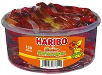 Haribo Gummibonbons Cola Schlangen Dose 1200 g - Produkttyp: Gummibonbons - Nährwertangabe pro: 100 g - Energiegehalt (in kj): 1459 KJ - Energiegehalt (in kcal): 343 Kcal - Fett: 0.5 g - Davon gesättigte Fettsäuren: 0.1 g
