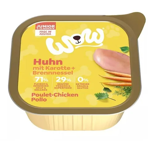 WOW Nassfutter Junior Huhn Schale 150g - Tierbedürfnis: Kein besonderes Bedürfnis - Geschmacksrichtung: Geflügel - Zertifikate: Keine Zertifizierung - Fleischsorte: Huhn - Packungsgrösse: 150 g - Futtereigenschaft: Getreidefrei - Ohne künstliche Zusätze -