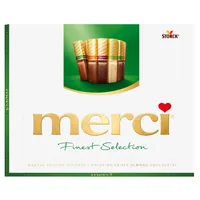 Storck Pralinen Merci Mandel Knusper Vielfalt 250 g - Produkttyp: Assortiert - Nährwertangabe pro: 100 g - Energiegehalt (in kj): 2378 KJ - Energiegehalt (in kcal): 571 Kcal - Fett: 37.4 g - Davon gesättigte Fettsäuren: 19 g