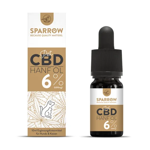 Sparrow Hunde-Nahrungsergänzung Hanföl 595 mit CBD, 10 ml - Nahrungsergänzungstyp: Flüssig - Tierbedürfnis: Beruhigung & Wohlbefinden - Zertifikate: Keine Zertifizierung - Packungsgrösse: 10 ml - Produkttyp: Ergänzungsfutter - Cannabinoide: CBD