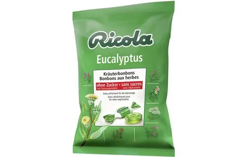 Ricola Bonbons Eucalyptus Beutel 125 g - Produkttyp: Lutschbonbons - Nährwertangabe pro: 100 g - Energiegehalt (in kj): 980 KJ - Energiegehalt (in kcal): 235 Kcal - Fett: 0 g - Davon gesättigte Fettsäuren: 0 g