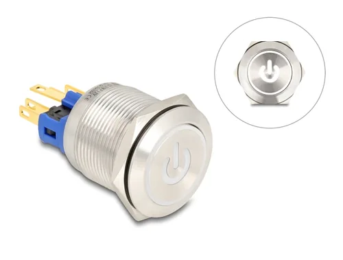Druckschalter zum Einbau 22 mm 6 x Lötanschluss LED weiß Powersymbol + Ring