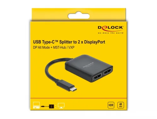 Delock 2-Port Signalsplitter USB-C – Displayport MST/VXP support - Anzahl Ports: 2 - Schnittstellen: USB Typ C - DisplayPort - Signalverstärkung: Aktiv