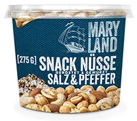 Maryland Snack Nüsse Salz & Pfeffer 275 g - Produkttyp: Mischungen - Nährwertangabe pro: 100 g - Energiegehalt (in kj): 2495 KJ - Energiegehalt (in kcal): 602 Kcal - Fett: 48 g - Gesättigte Fettsäuren: 7 g