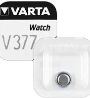 Varta Knopfzelle V377 , 1 Stück - Bauform: Uhrenbatterien - Batterietyp: SR66 / V377 / 565 / 376 / 377 / SR626SW / D377 / SR626W - Chemisches System: Silberoxid - Gewicht: 0.34 g - Spannung: 1.55 V