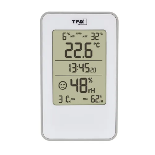 TFA Dostmann Thermo-/Hygrometer Digital - Typ: Thermo-/Hygrometer - Anwendungsbereich: Temperatur-/Feuchtemessung - Detailfarbe: Weiss