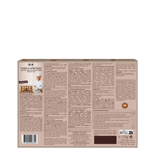 Lindt Schokolade Connaisseurs Collection du Confiseur 230 g - Produkttyp: Assortiert - Nährwertangabe pro: 100 g - Energiegehalt (in kj): 2334 KJ - Energiegehalt (in kcal): 560 Kcal - Fett: 36 g - Gesättigte Fettsäuren: 20 g