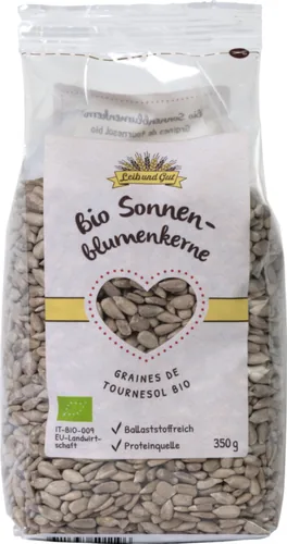 Leib und Gut Bio Sonnenblumenkerne 350 g - Produkttyp: Kerne - Nährwertangabe pro: 100 g - Energiegehalt (in kj): 2500 KJ - Energiegehalt (in kcal): 604 Kcal - Fett: 51 g - Davon gesättigte Fettsäuren: 4.5 g