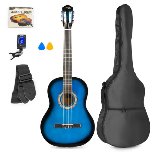 MAX Konzertgitarre SoloArt Set Blau - Griffbrett: Ahorn - Decke: Linde - Decke massiv: Nein - Gitarrengrösse: 4/4 - Mensur: 65 cm - Ausführung: Rechtshänder