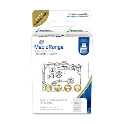 MediaRange Plastic tape cassette, for label printers using Brother TZ-121/TZe-121, permanent adhesive, 9mm, 8m, laminated, black on clear