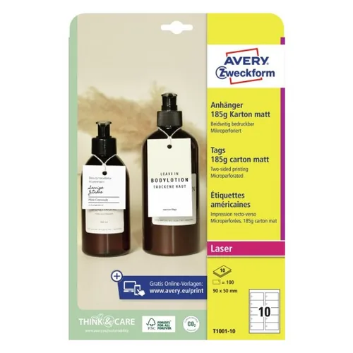 Avery Zweckform Hängeetiketten Tags 90 x 50 mm, 10 Blatt, 100 Stück - Klebehaftung: Keine - Drucker Kompatibilität: Inkjet - Laser - Anzahl Blatt: 10 × - Papierformat: A4 - Anzahl Etiketten: 100 - Etikettengrösse: 90 x 50 mm mm