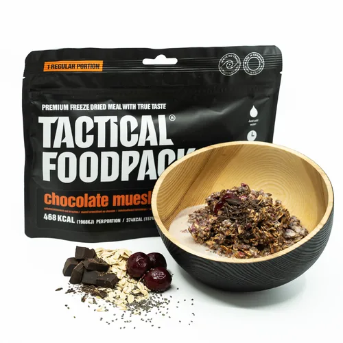 Tactical Foodpack Frühstück Schokoladenmüsli mit Kirschen - Produkttyp: Frühstück - Nährwertangabe pro: Portion - Energiegehalt (in kj): 1968 KJ - Energiegehalt (in kcal): 468 Kcal - Fett: 13 g - Davon gesättigte Fettsäuren: 6.4 g