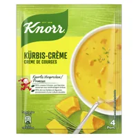 Knorr Kürbis-Crème Suppe 4 Portionen - Produkttyp: Beutelsuppen - Nährwertangabe pro: 100 g - Energiegehalt (in kj): 107 KJ - Energiegehalt (in kcal): 26 Kcal - Fett: 0.5 g - Gesättigte Fettsäuren: 0.1 g