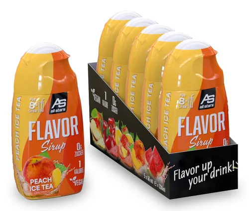 All Stars Flavor Sirup 5 x 65 ml Flasche Ice Tea Pfirsich - Nährwertangabe pro: 100 ml - Energiegehalt (in kj): 4.2 KJ - Energiegehalt (in kcal): 1 Kcal - Fett: 0 g - Davon gesättigte Fettsäuren: 0 g - Kohlenhydrate: 0 g