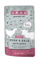 Grau Nassfutter Huhn & Kalb, 16 x 125 g - Tierbedürfnis: Kein besonderes Bedürfnis - Geschmacksrichtung: Geflügel - Kalb - Zertifikate: Keine Zertifizierung - Fleischsorte: Kalb - Huhn - Futtereigenschaft: Glutenfrei - Ohne Zuckerzusatz - Hoher Fleischant
