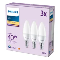 Philips Lampe LED 40W B35 E14 WW FR ND 3CT/6 EC Warmweiss (WW) - Energieeffizienzklasse EnEV 2020: F - Lampensockel: E14 - Farbtemperatur Kelvin: 2700 K - Gesamtleistung: 4.9 W - Dimmbar: nicht dimmbar - Zusätzliche Ausstattung: Keine