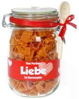 Trendcompany Pastaglas Liebe 250 g - Nährwertangabe pro: 100 g - Energiegehalt (in kj): 1450 KJ - Energiegehalt (in kcal): 342 Kcal - Fett: 1 g - Davon gesättigte Fettsäuren: 0 g - Kohlenhydrate: 68 g
