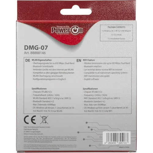 Inter-Tech Wi-Fi5 BT4.2 USB Adapter DMG-07 Stick 650Mbps retail
