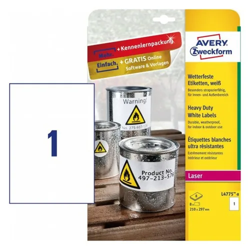 AVERY ZWECKFORM Wetterfeste-Etikett. 210x297mm L4775-8 weiss 8 Blatt/8 Stk.