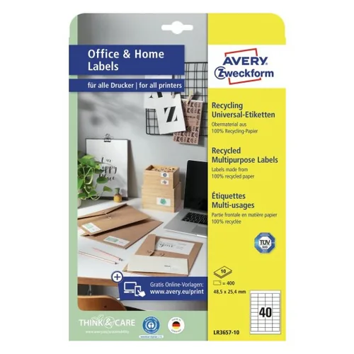 Avery Zweckform Universal-Etiketten LR3657 48.5 x 25.4 mm, 10 Blatt - Klebehaftung: Stark haftend - Drucker Kompatibilität: Inkjet - Laser - Anzahl Blatt: 10 × - Papierformat: A4 - Anzahl Etiketten: 400 - Etikettengrösse: 48.5 x 25.4 mm