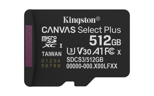 KINGSTON 512GB -  microSDXC -  Canvas -  Select -  Plus -  Gen3 -  150MB/s -  A1 -  Card -  + -  Adapter