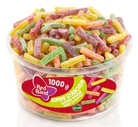 Red Band Gummi Stäbchen 1000 g - Produkttyp: Gummibonbons - Nährwertangabe pro: 100 g - Energiegehalt (in kj): 1546 KJ - Energiegehalt (in kcal): 366 Kcal - Fett: 0 g - Gesättigte Fettsäuren: 0 g